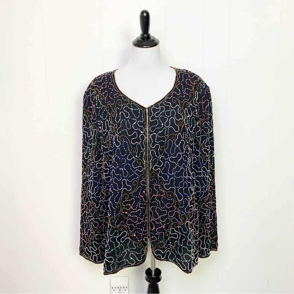 Vintage JMD New York Beaded Evening Jacket‎ Sequin Shoulder Pad Cardigan Sz 3X